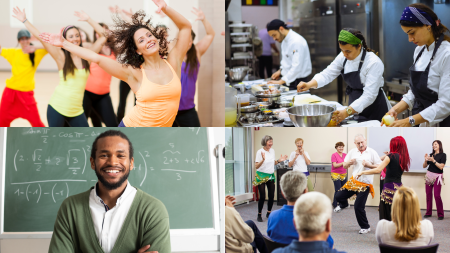 vier Fotos: oben links machen Frauen Fitnessübungen, unten links steht ein Mann vor einer Tafel, oben rechts bereiten drei Personen Essen zu, unten rechts tanzen ein Mann und eine Frau während andere Personen zuschauen